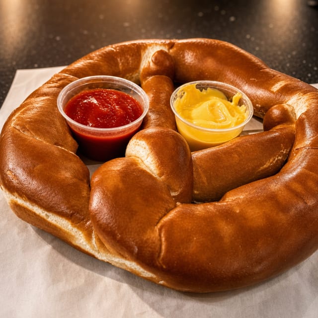 Jumbo Pretzel w/ Honey Mustard and Nacho Cheese.