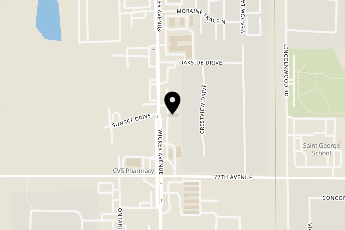 Map showing the location of Bronko's Pizza on 2255 Wicker Ave in Schererville